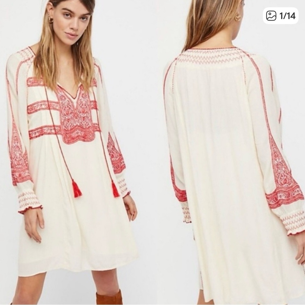 Free People Cream Dress with Red Embroidery